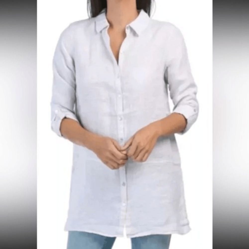 Tahari 100% Linen White Button Up Shirt Tunic Sz M Longline Lagenlook Coastal